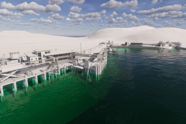 Industrial port structure by the sea with white terrain and green water